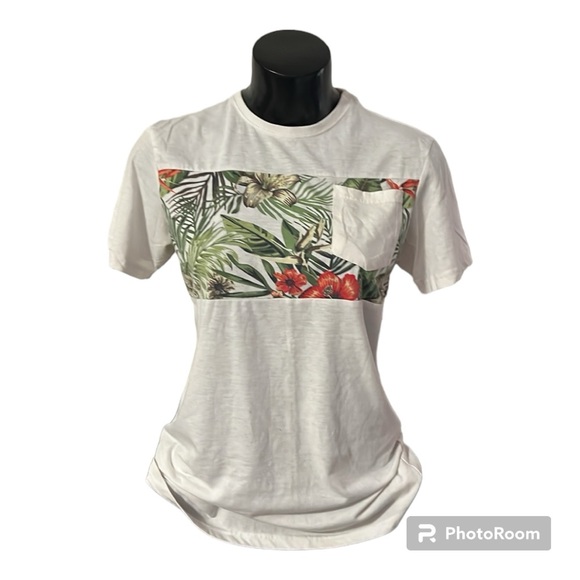 2/$14 💀 | White T•Shirt With Pocket and Tropical Print Stripe | Small | UH - Picture 1 of 3